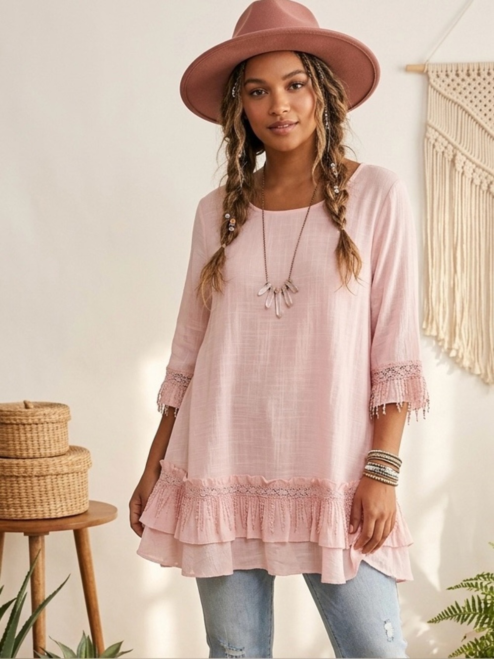 Indigo Soul Boho Ruffle Hem Tunic Top - Blush Pink - Size L